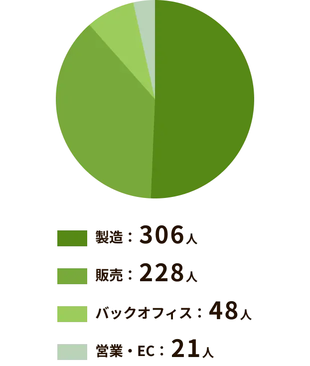 職種比率：製造306人、販売228人、バックオフィス48人、営業・EC21人